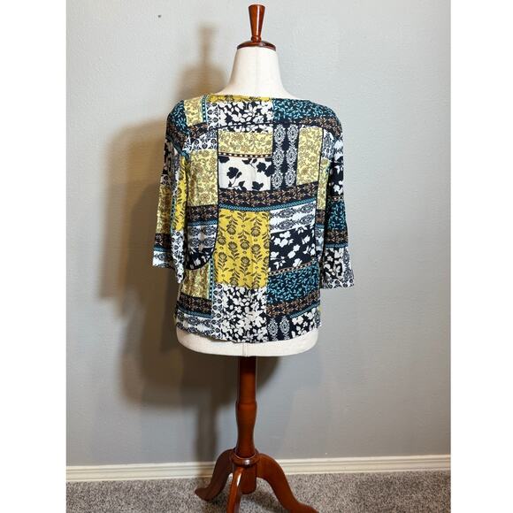 J. Jill blouse mixed floral print 3/4 sleeve top blue white yellow popover Sz S - Picture 5 of 8